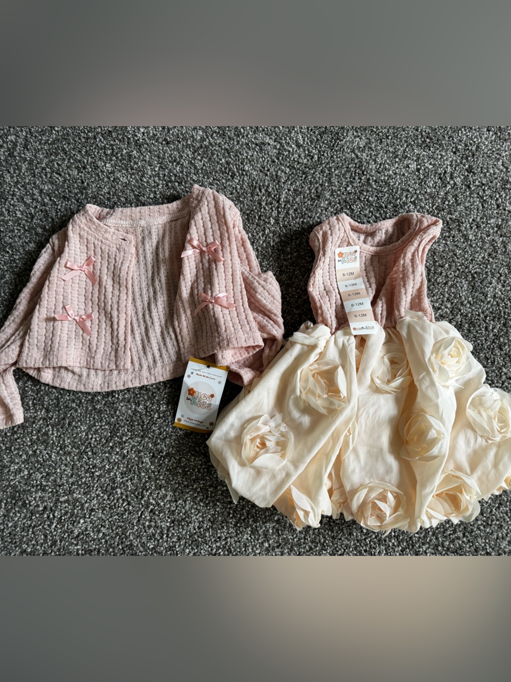 Pink Knit Bow Cardigan with Cream Rosette Dress Set